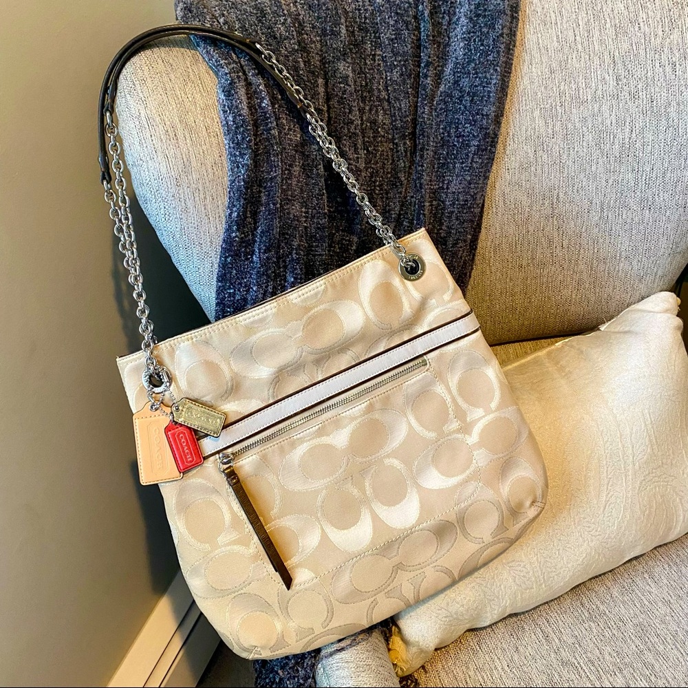 NEW Coach Poppy Signature Metallic Jacquard Khaki Chain Purse Tote Bag